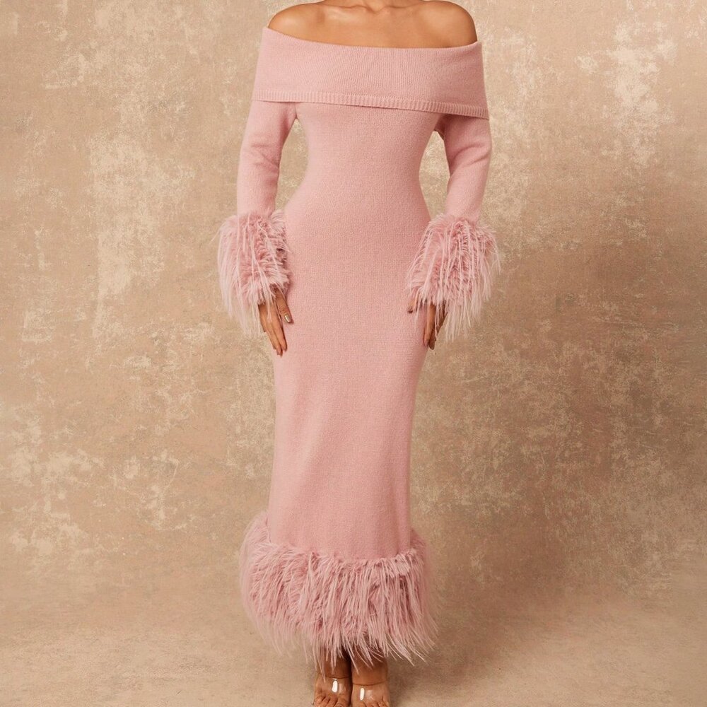Pink Faux Fur Off Shoulder Bodycon sweater Maxi dress - Picture 1 of 8